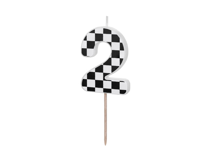 Cake Candle 2 - Checkered Flag Candle - Number 2 Birthday Cake Candle - Racing Car Party - Black & White Candle - Kids Party Decorations - Jolie Fete UK