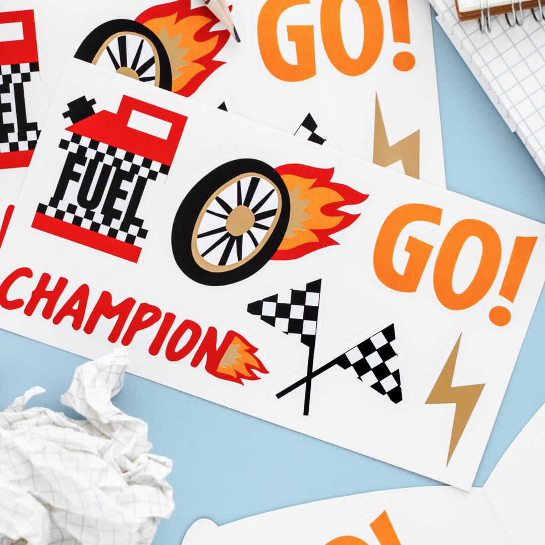 Racing Car Stickers - Racing Cars Party Bag Gift Stickers - Racing Car Party - F1 Theme - Kids Birthday Party Supplies - Pack Of 6 Sheets - Jolie Fete UK