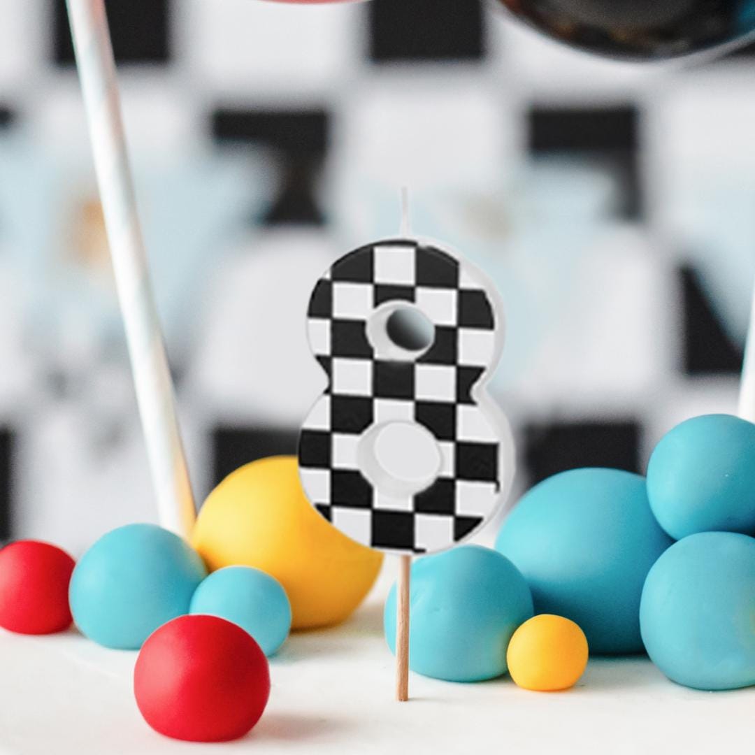 Cake Candle 8 - Checkered Flag Candle - Number 8 Birthday Cake Candle - Racing Car Party - Black & White Candle - Kids Party Decorations - Jolie Fete UK