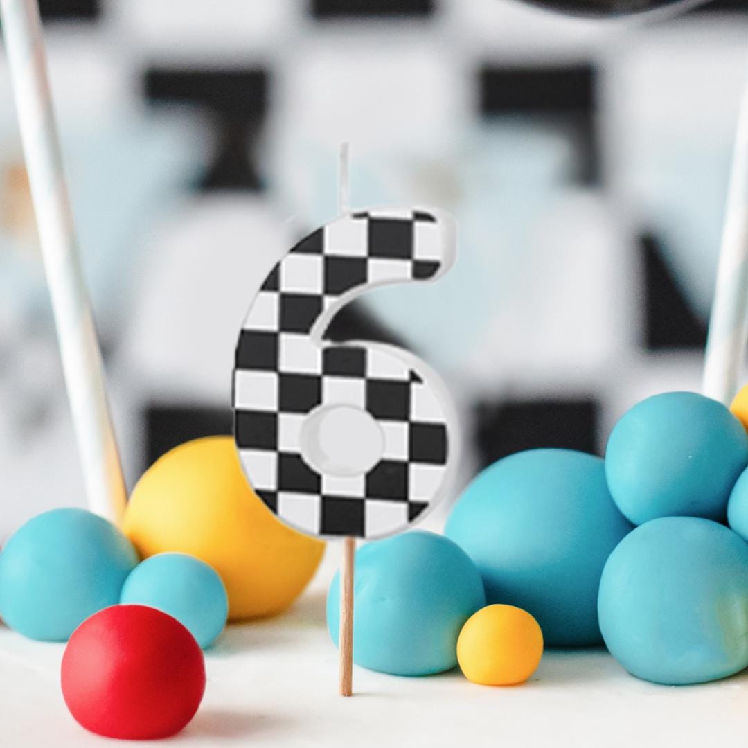 Cake Candle 6 - Checkered Flag Candle - Number 6 Birthday Cake Candle - Racing Car Party - Black & White Candle - Kids Party Decorations - Jolie Fete UK