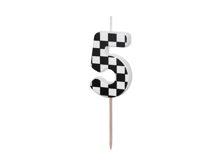 Cake Candle 5 - Checkered Flag Candle - Number 5 Birthday Cake Candle - Racing Car Party - Black & White Candle - Kids Party Decorations - Jolie Fete UK