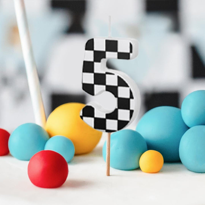 Cake Candle 5 - Checkered Flag Candle - Number 5 Birthday Cake Candle - Racing Car Party - Black & White Candle - Kids Party Decorations - Jolie Fete UK