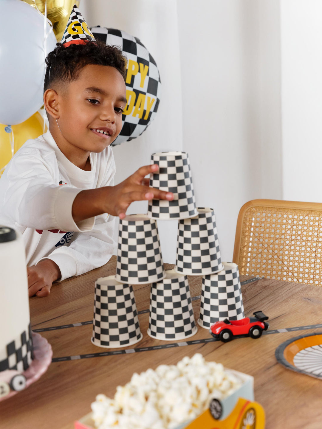 Racing Car Party Hats - Racing Car Birthday Party Chequered Flag Hats - Racing Car Party - F1 Theme - Kids Birthday Party Supplies-Pack Of 6 - Jolie Fete UK