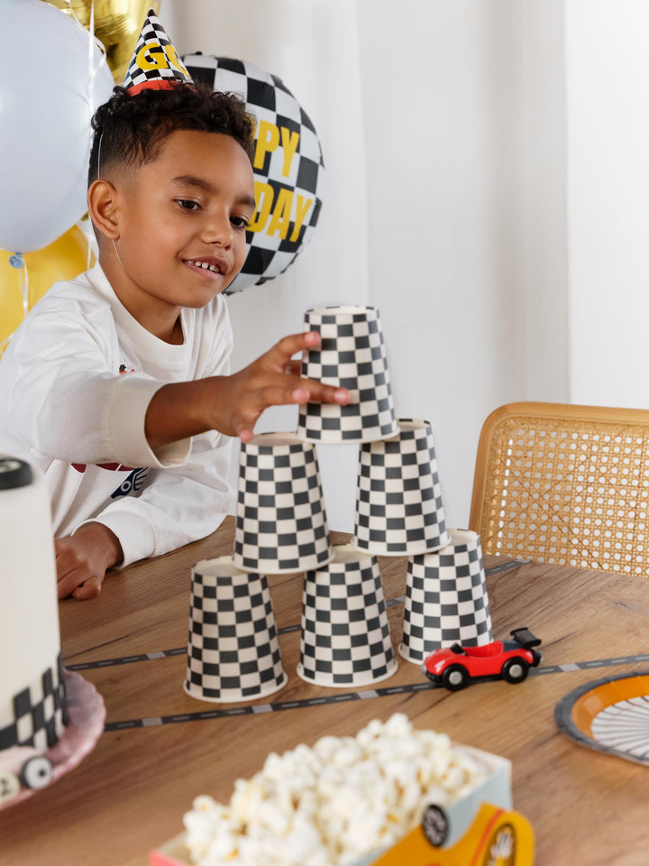 Racing Car Party Hats - Racing Car Birthday Party Chequered Flag Hats - Racing Car Party - F1 Theme - Kids Birthday Party Supplies-Pack Of 6 - Jolie Fete UK