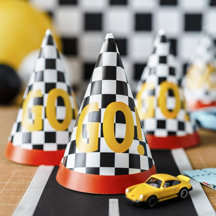 Racing Car Party Hats - Racing Car Birthday Party Chequered Flag Hats - Racing Car Party - F1 Theme - Kids Birthday Party Supplies-Pack Of 6 - Jolie Fete UK