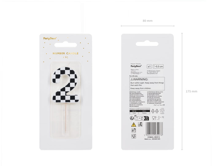 Cake Candle 2 - Checkered Flag Candle - Number 2 Birthday Cake Candle - Racing Car Party - Black & White Candle - Kids Party Decorations - Jolie Fete UK