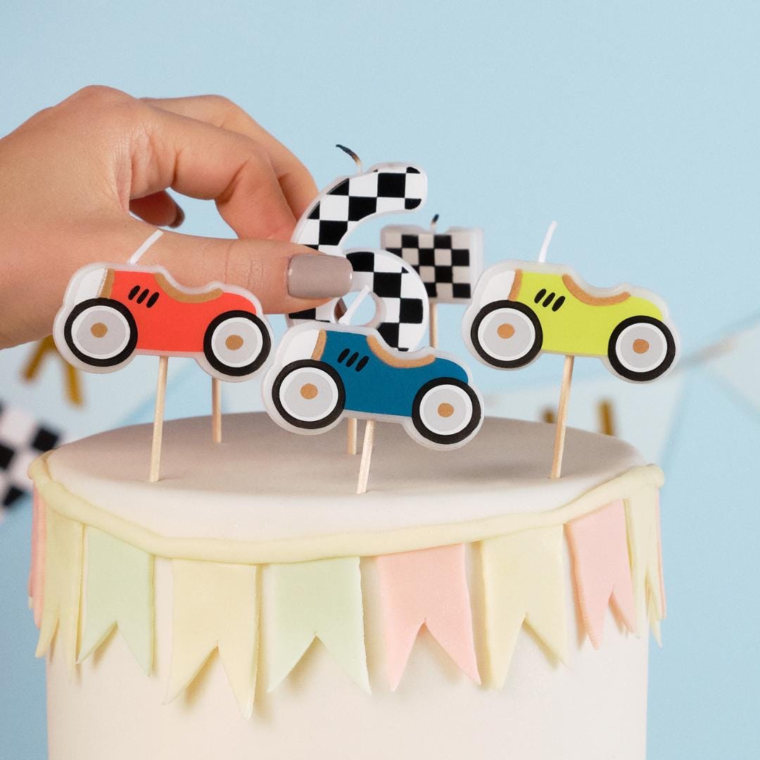Car Cake Candles - Racing Car Birthday Cake Decorations - Kids Formula 1 Party Supplies - Vintage Car Theme Party - Pack Of 5 - Jolie Fete UK