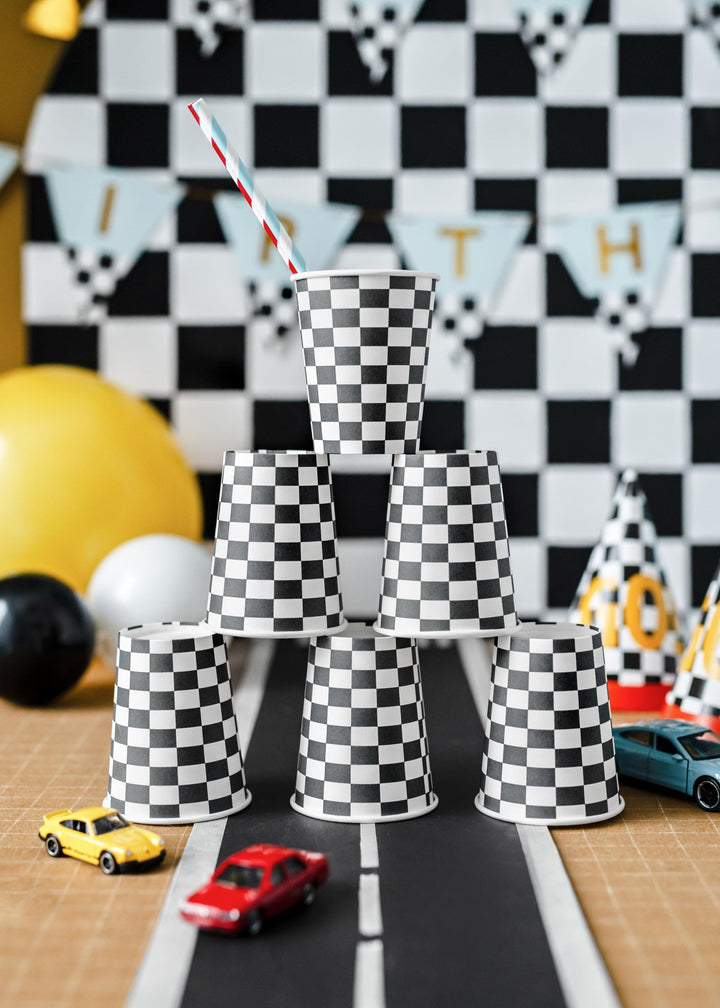 Racing Car Cups - Checkered Flag Paper Party Cups - Racing Car Party - F1 Theme - Kids Birthday Party Supplies - Pack Of 6 - Jolie Fete UK