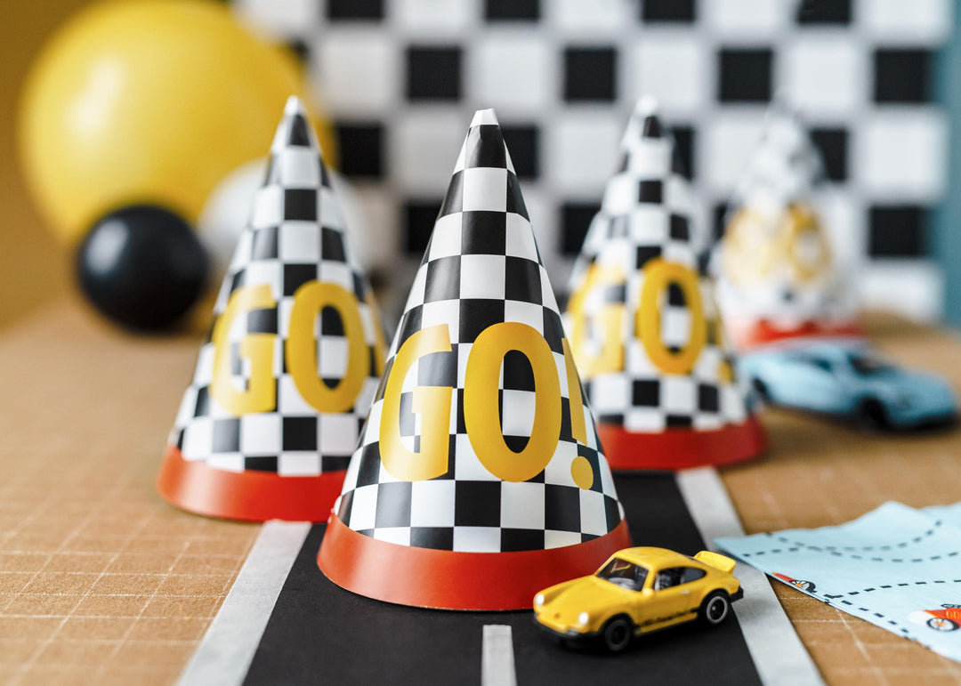 Racing Car Party Hats - Racing Car Birthday Party Chequered Flag Hats - Racing Car Party - F1 Theme - Kids Birthday Party Supplies-Pack Of 6 - Jolie Fete UK