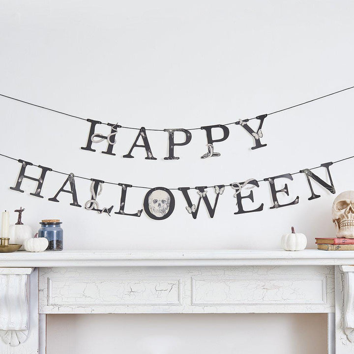 Halloween Banner - Black Happy Halloween Bunting - Banner With Skull, Snakes, Spiders - Halloween Party Decorations - Creepy Halloween - 2m - Jolie Fete UK