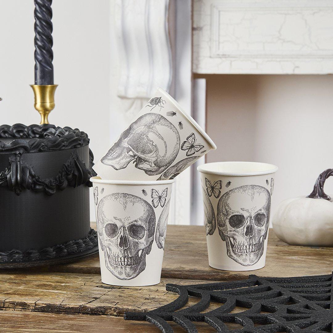 Halloween Skull Cups - Black & White Skull Paper Cups - Halloween Party Table Decorations - Creepy Chic Halloween - Pack Of 8 - Jolie Fete UK