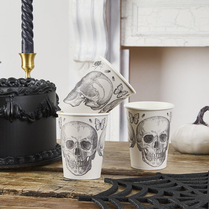 Halloween Skull Cups - Black & White Skull Paper Cups - Halloween Party Table Decorations - Creepy Chic Halloween - Pack Of 8 - Jolie Fete UK