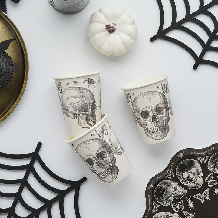 Halloween Skull Cups - Black & White Skull Paper Cups - Halloween Party Table Decorations - Creepy Chic Halloween - Pack Of 8 - Jolie Fete UK