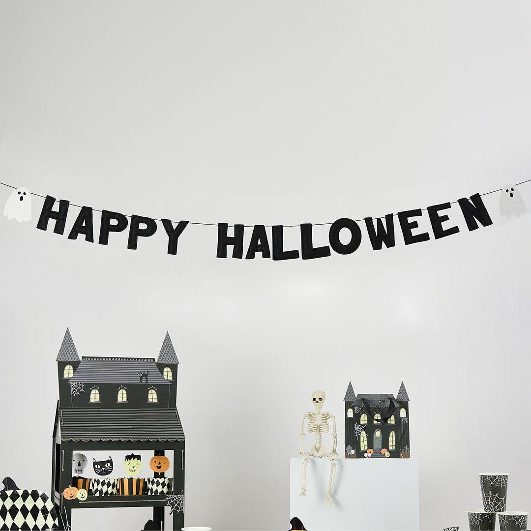 Happy Halloween Banner - Black Felt Happy Halloween Bunting With White Ghosts - Halloween Party Decorations - Retro Halloween - Reusable -2m - Jolie Fete UK