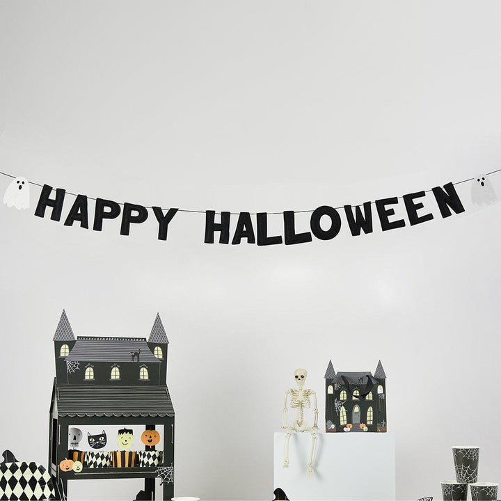 Happy Halloween Banner - Black Felt Happy Halloween Bunting With White Ghosts - Halloween Party Decorations - Retro Halloween - Reusable -2m - Jolie Fete UK