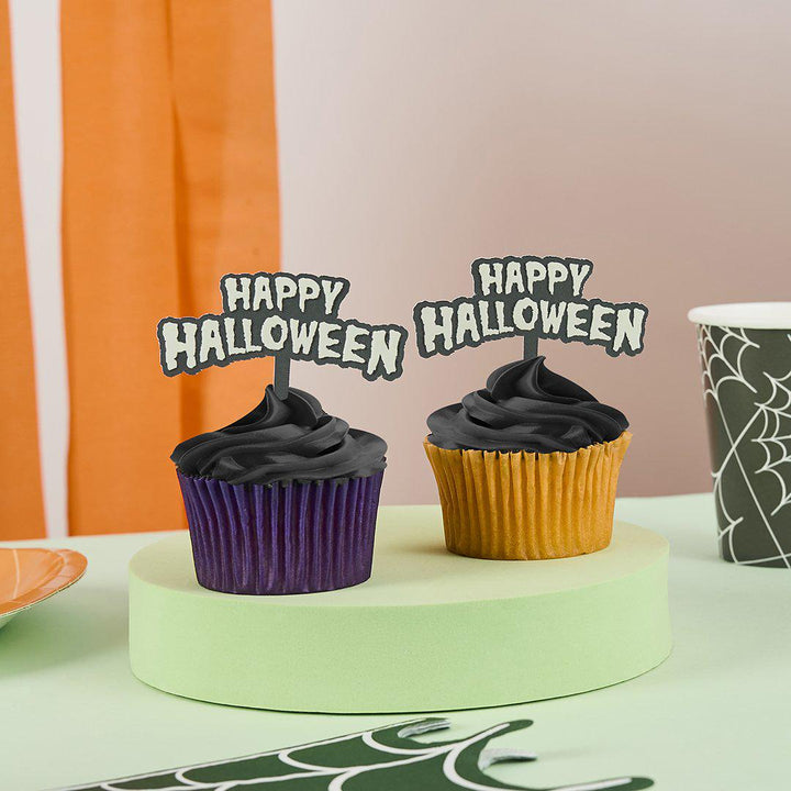 Halloween Cake Toppers - Happy Halloween Glow In The Dark Food Picks - Halloween Party Decorations - Retro Halloween - Pack Of 12 - Jolie Fete UK