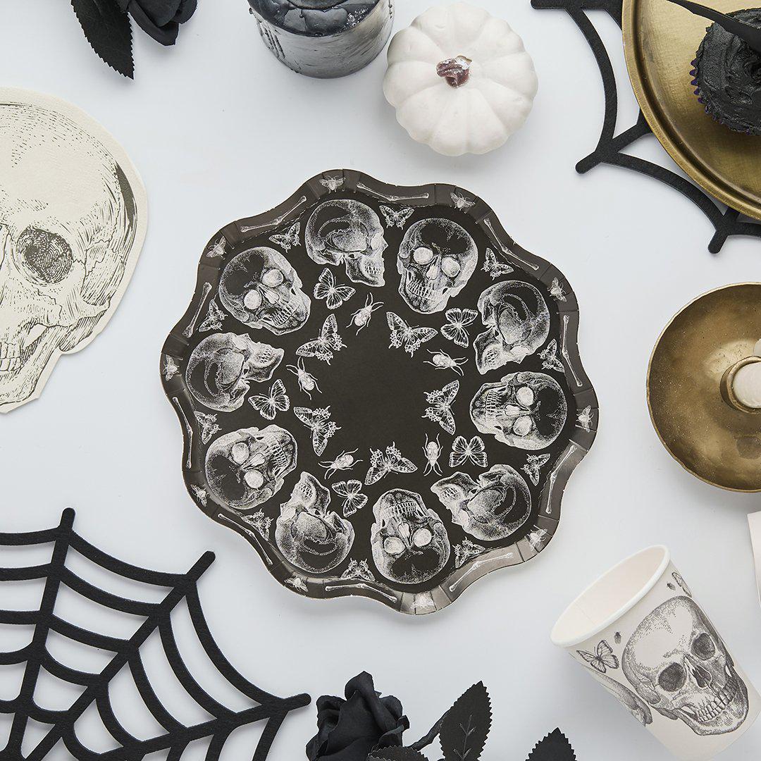 Halloween Skull Plates - Black & White Skull Paper Plates - Halloween Party Table Decorations - Creepy Chic Halloween - Pack Of 8 - Jolie Fete UK