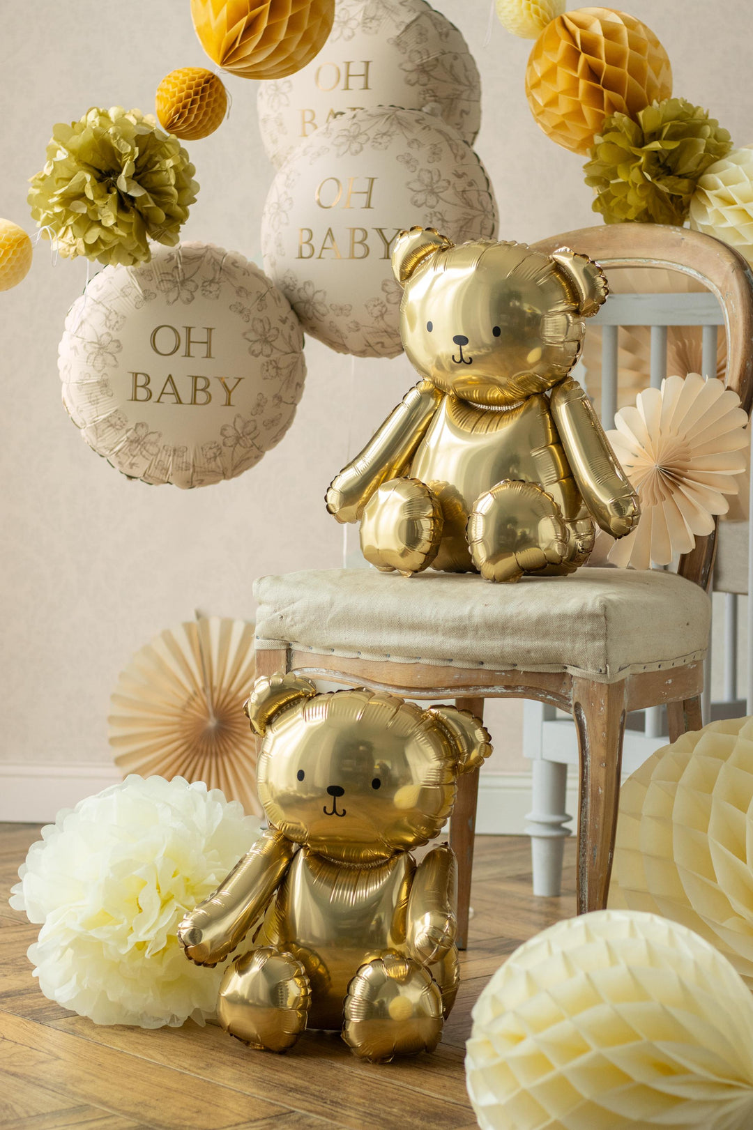 Oh Baby Balloon - Cream, Gold & Floral Round Foil Baby Shower Balloon - Air or Helium - Jolie Fete UK