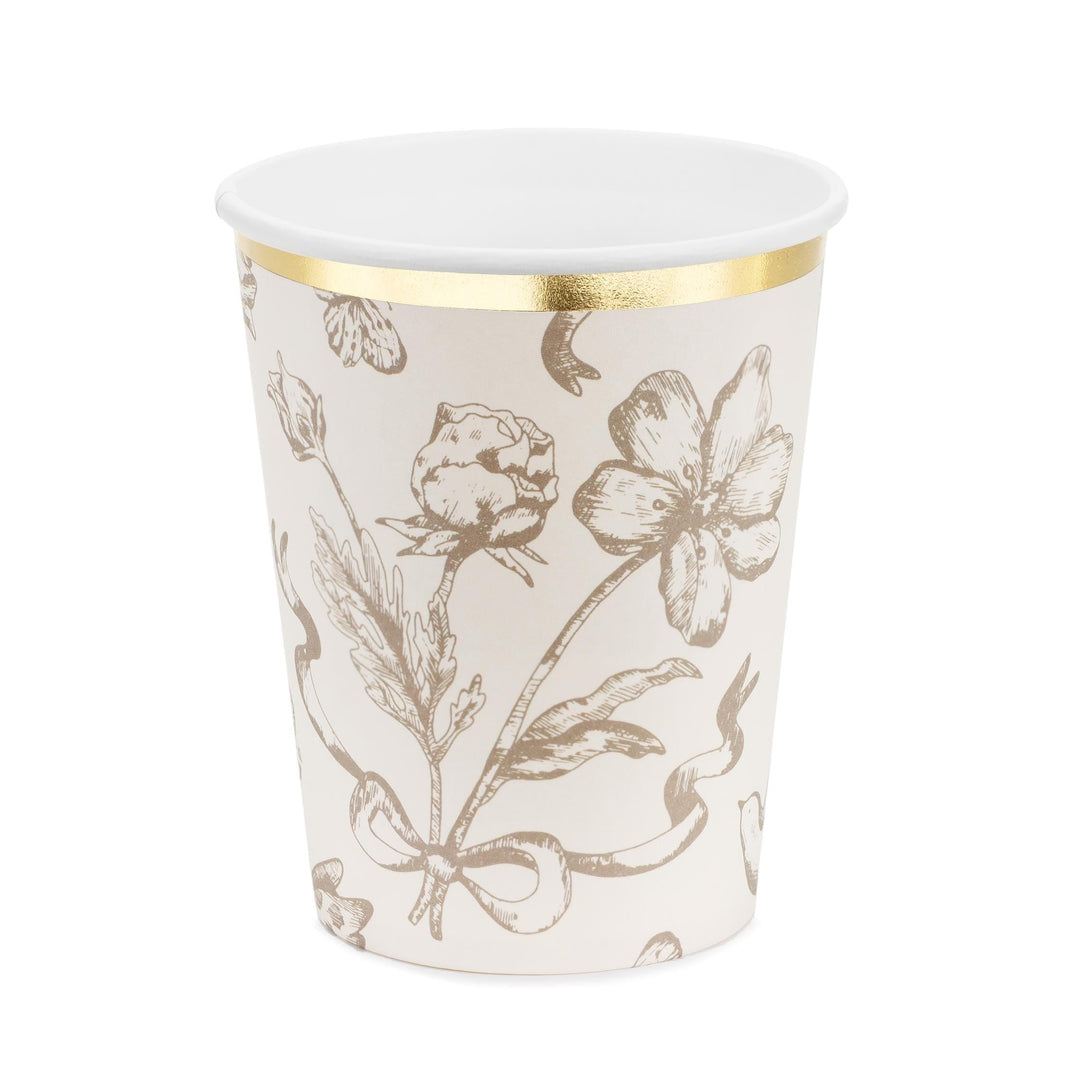 Vintage Floral Paper Cups - Cream & Gold Trimmed Botanical Party Cups - Baby Shower, Tea Party, Wedding Decor - 220ml - Pack Of 6 - Jolie Fete UK