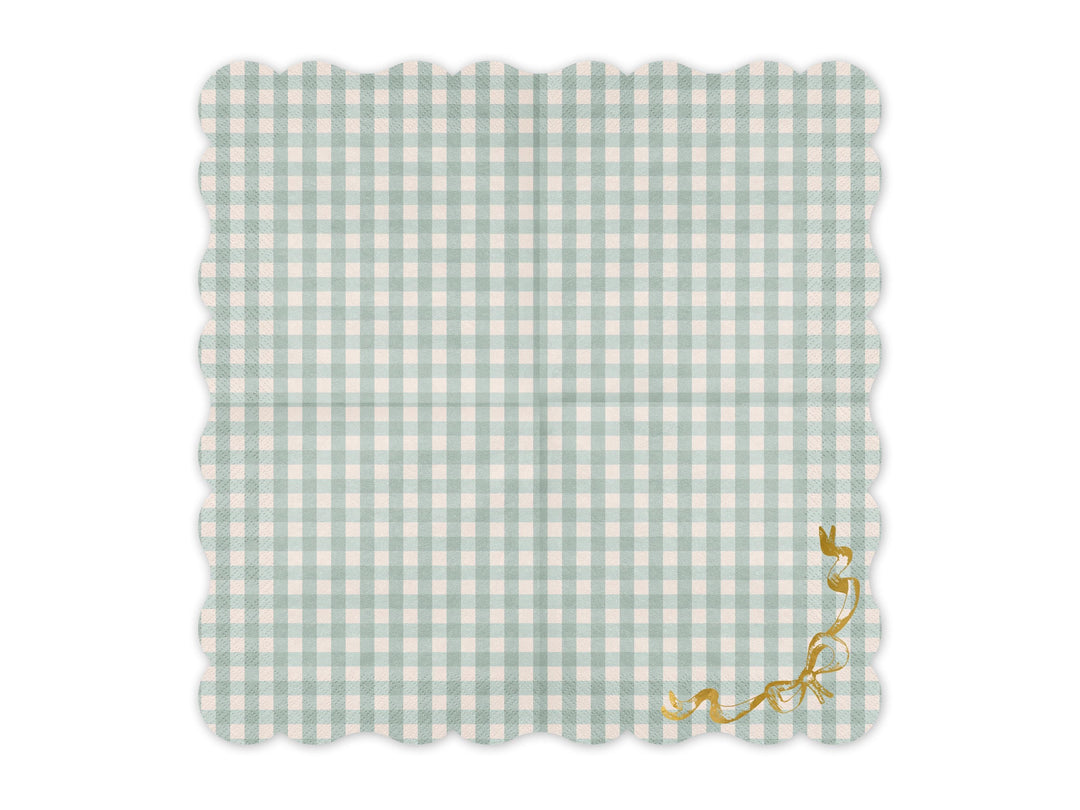 Checkered Paper Napkins With Bow - Gingham Tableware - Pastel Green & Gold Party Supplies - Baby Shower - Picnic Decor - Pack Of 12 - Jolie Fete UK