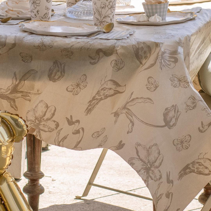 Vintage Floral Tablecloth - Botanical Garden Party Table Cover - Cream & Beige Tablecloth - Bridal Shower - Baby Shower Decor - 180 x 120cm - Jolie Fete UK