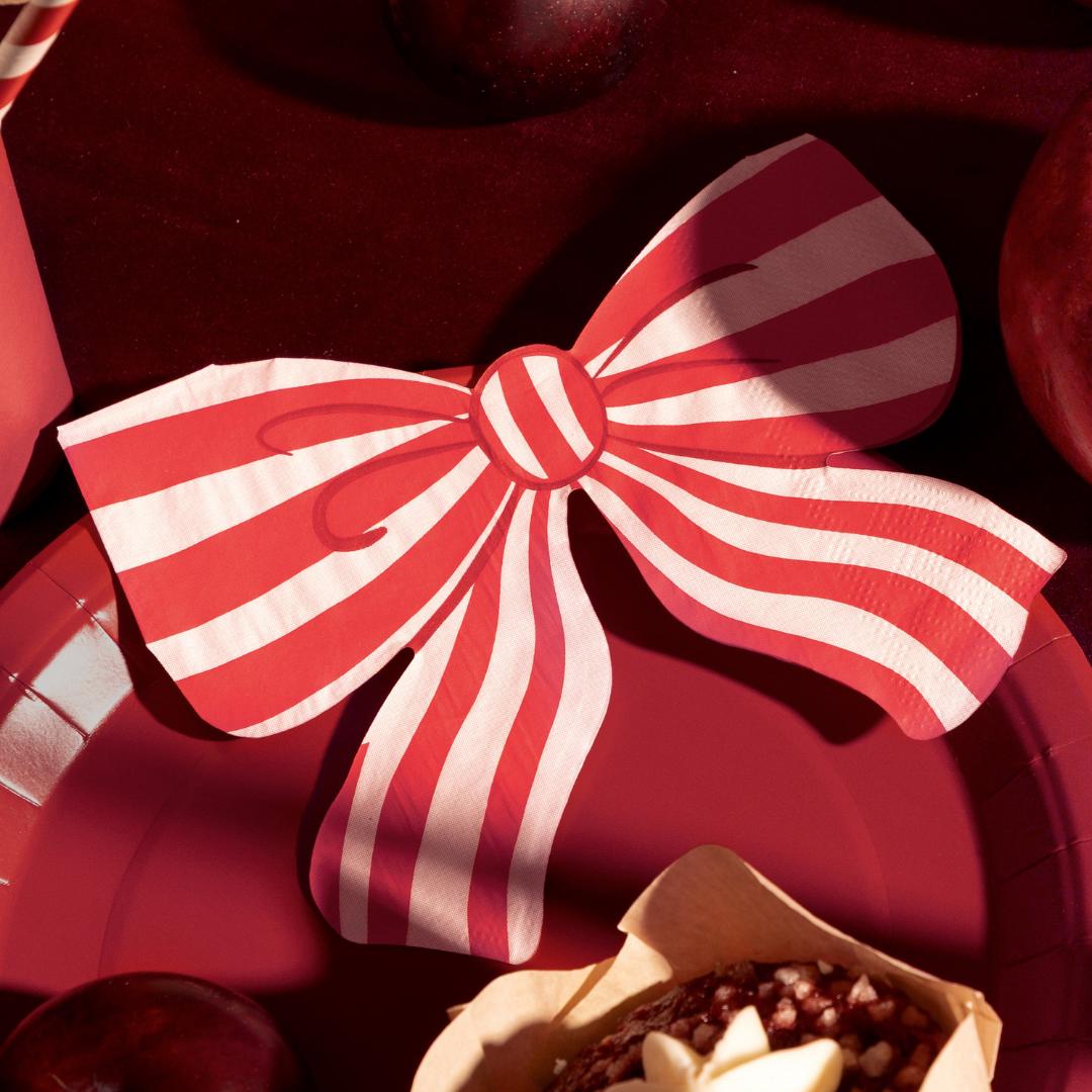 Christmas Striped Bow Napkins - Red & White Paper Napkins - Christmas Party Supplies - Disposable Napkins - Festive Tableware - Pack Of 12 - Jolie Fete UK