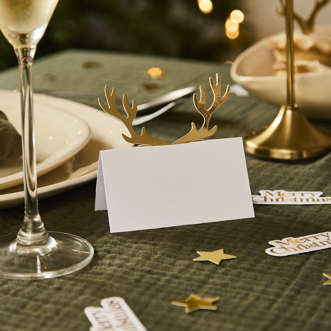 Gold Antler Place Cards - Gold & White Christmas Table Place Cards - Gold Reindeer - Christmas Party Decorations - Holiday Decor -Pack Of 10 - Jolie Fete UK