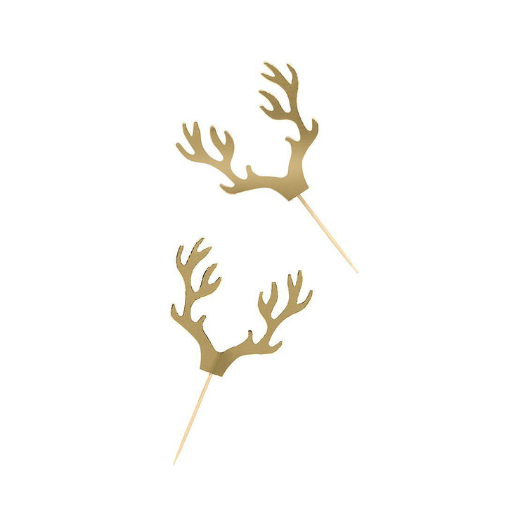Gold Antler Cake Toppers - Gold Antler Christmas Food Picks - Gold Reindeer - Christmas Party Decorations - Holiday Decor - Pack Of 12 - Jolie Fete UK