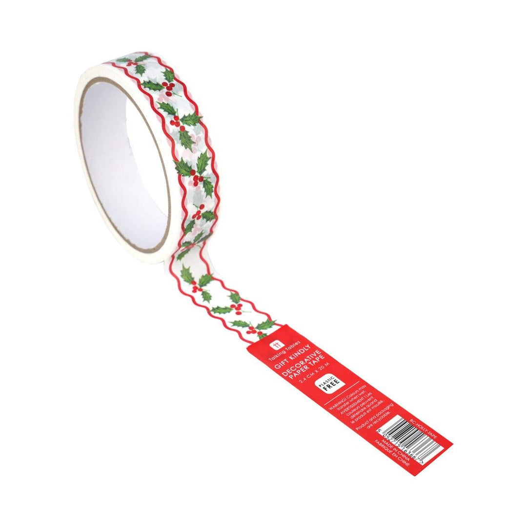 Christmas Tape - White Paper Tape With Holly Leaves Design - Christmas Crafts - Christmas Wrapping - Eco Tape -Sustainable Wrapping-20m Roll - Jolie Fete UK