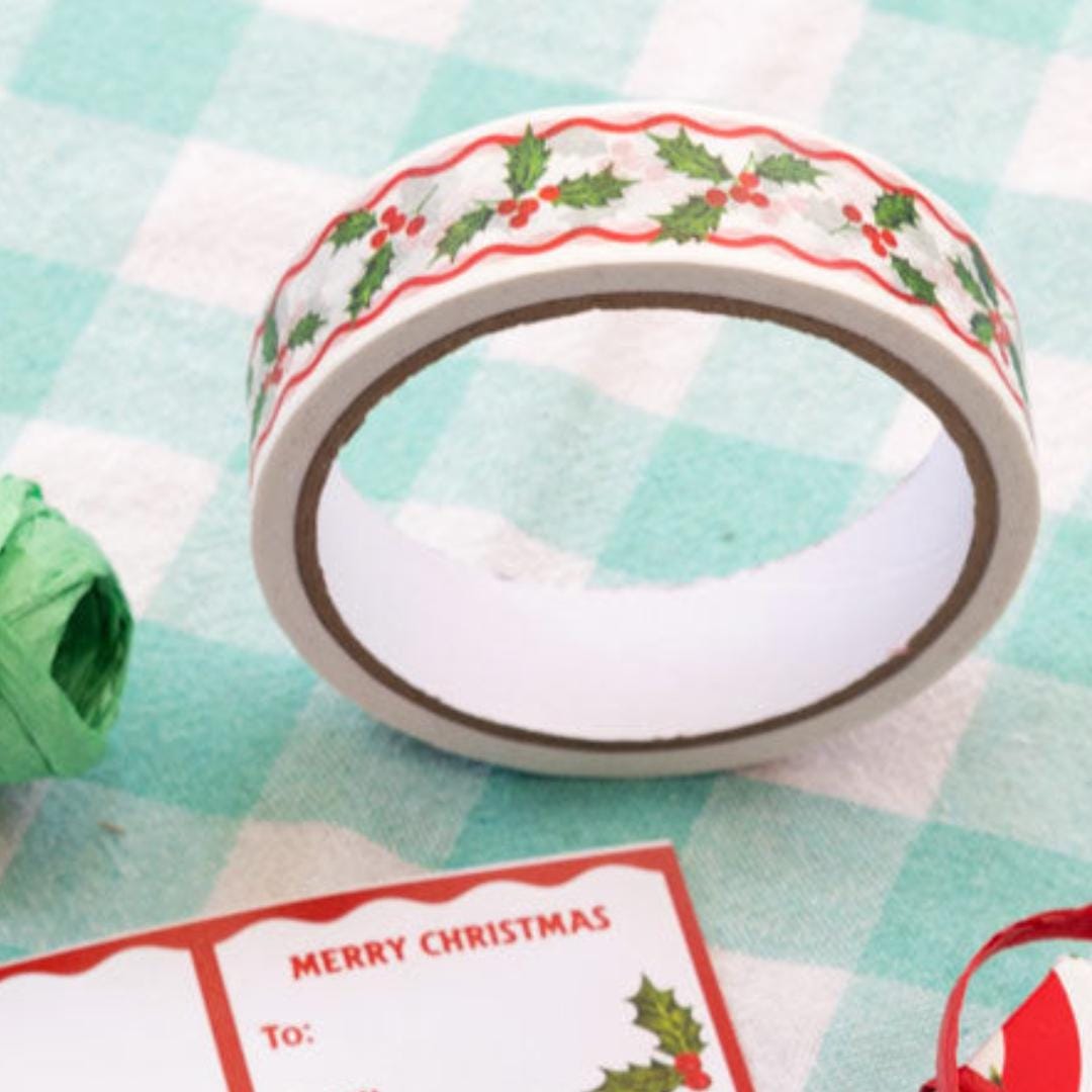 Christmas Tape - White Paper Tape With Holly Leaves Design - Christmas Crafts - Christmas Wrapping - Eco Tape -Sustainable Wrapping-20m Roll - Jolie Fete UK