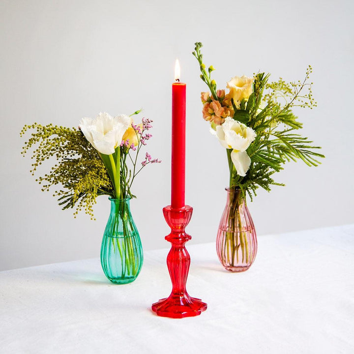 Red Glass Candle Holder - Dinner Candlestick Holder - Christmas Table Decorations - Boho Style - Jolie Fete UK