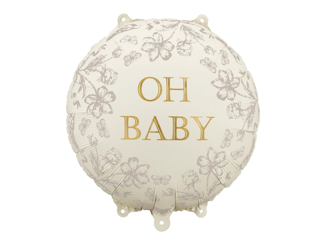 Oh Baby Balloon - Cream, Gold & Floral Round Foil Baby Shower Balloon - Air or Helium - Jolie Fete UK