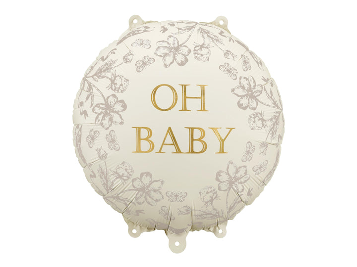 Oh Baby Balloon - Cream, Gold & Floral Round Foil Baby Shower Balloon - Air or Helium - Jolie Fete UK
