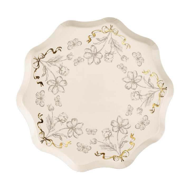 Cream Floral Paper Plates - Gold Foil Botanical Plates - Elegant Tea Party Tableware - Baby Shower - Bridal Brunch Decor - 20cm - Pack Of 6 - Jolie Fete UK