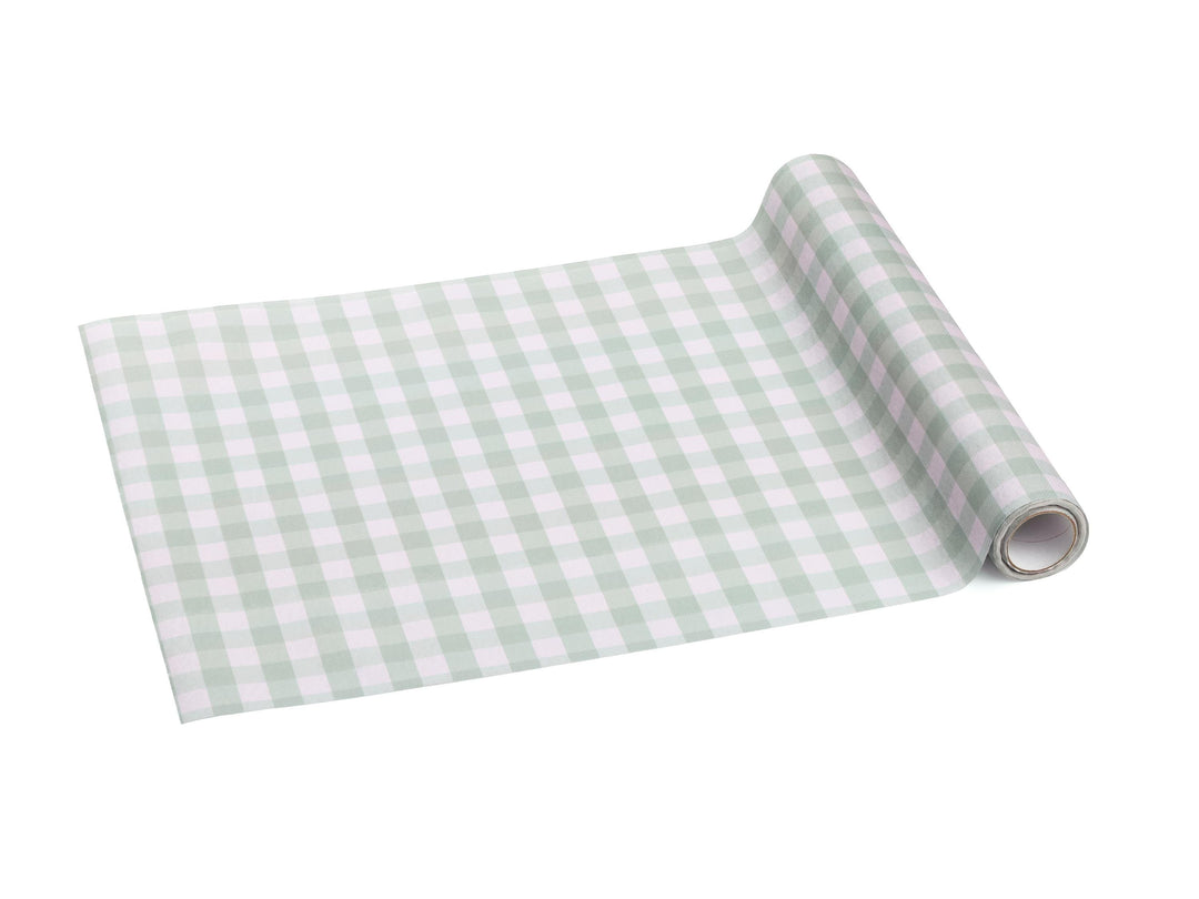 Sage Green Gingham Table Runner - Non-Woven Fabric Table Runner - Picnic Theme Table Decor - Baby Shower Supplies - Garden Party Decor - 5m - Jolie Fete UK