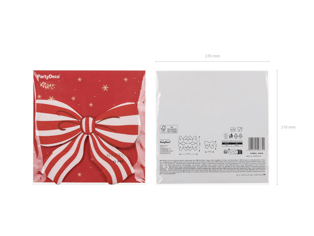 Christmas Striped Bow Napkins - Red & White Paper Napkins - Christmas Party Supplies - Disposable Napkins - Festive Tableware - Pack Of 12 - Jolie Fete UK