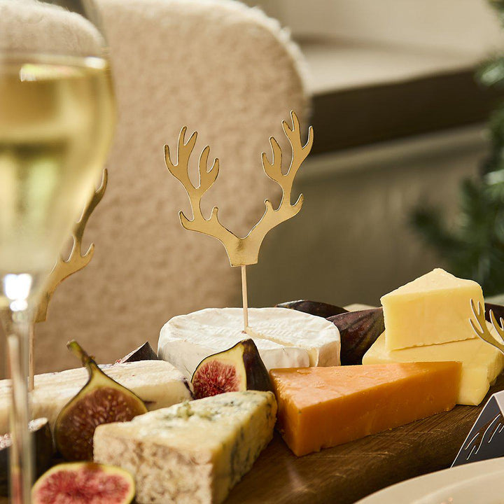 Gold Antler Cake Toppers - Gold Antler Christmas Food Picks - Gold Reindeer - Christmas Party Decorations - Holiday Decor - Pack Of 12 - Jolie Fete UK