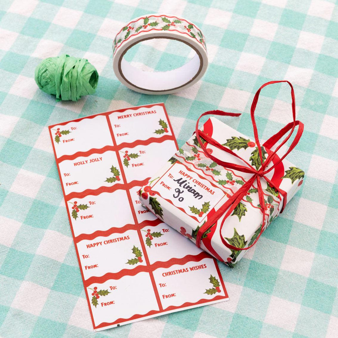 Christmas Tape - White Paper Tape With Holly Leaves Design - Christmas Crafts - Christmas Wrapping - Eco Tape -Sustainable Wrapping-20m Roll - Jolie Fete UK