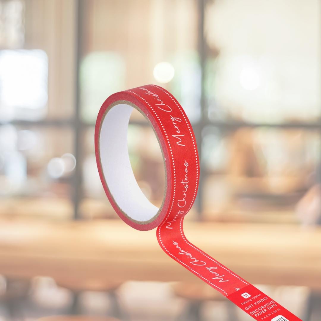 Christmas Tape - Red Paper Tape With White Merry Christmas - Christmas Crafts - Christmas Wrapping - Eco Tape -Sustainable Wrapping-20m Roll - Jolie Fete UK