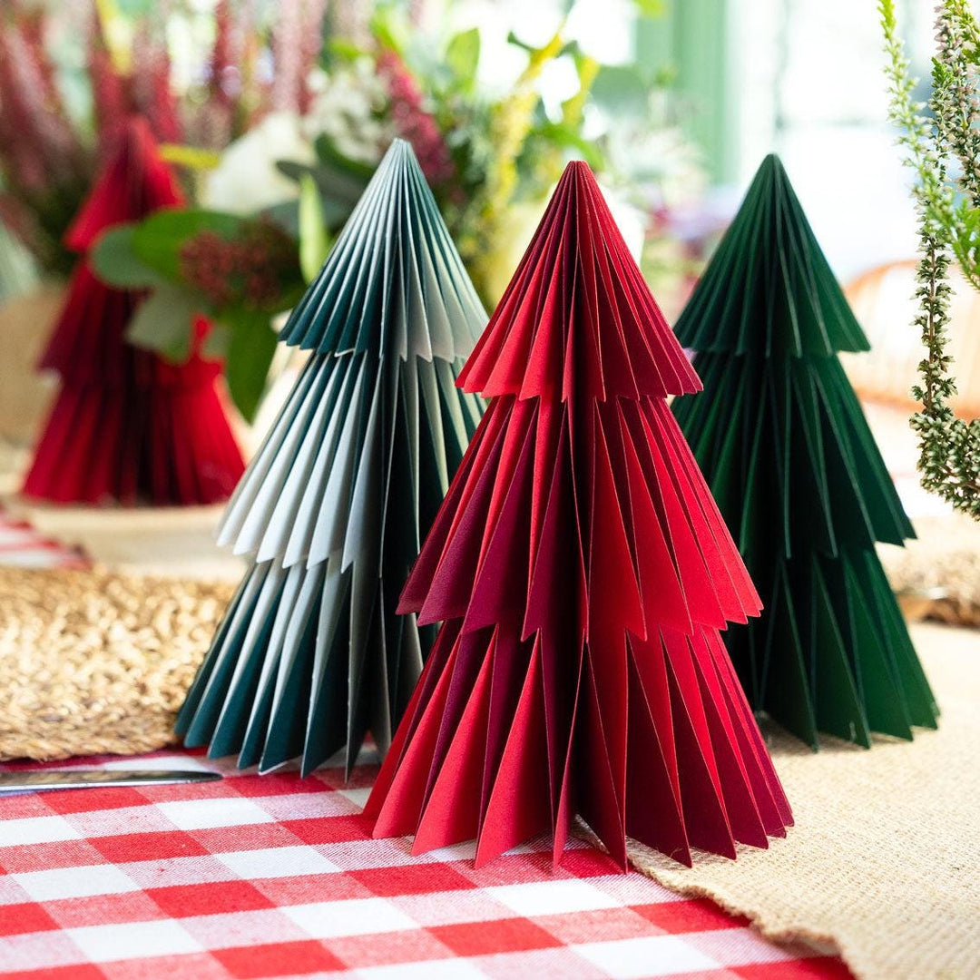 Christmas Trees - Honeycomb Paper Tree Decorations - Christmas Decorations - Red & Green Trees - Holiday Decor - 3 Colours - Pack Of 4 - Jolie Fete UK