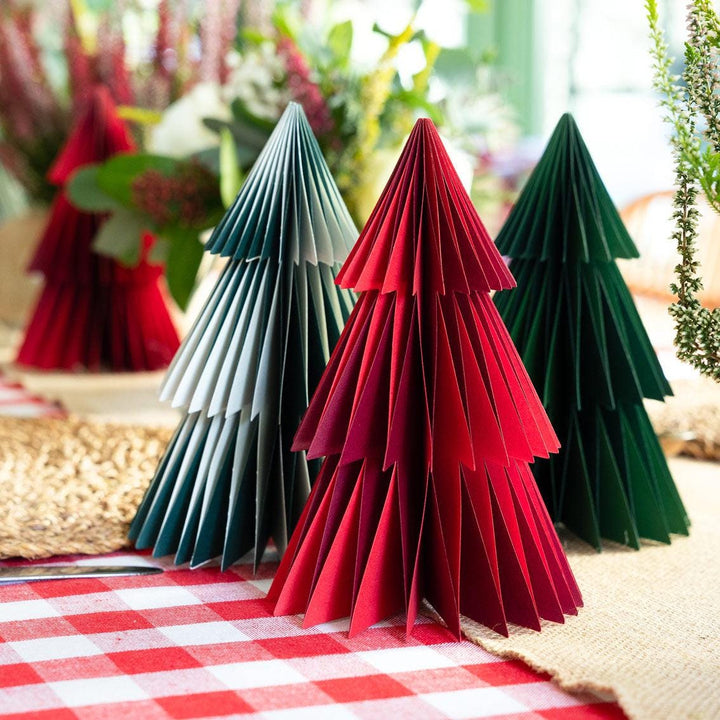 Christmas Trees - Honeycomb Paper Tree Decorations - Christmas Decorations - Red & Green Trees - Holiday Decor - 3 Colours - Pack Of 4 - Jolie Fete UK
