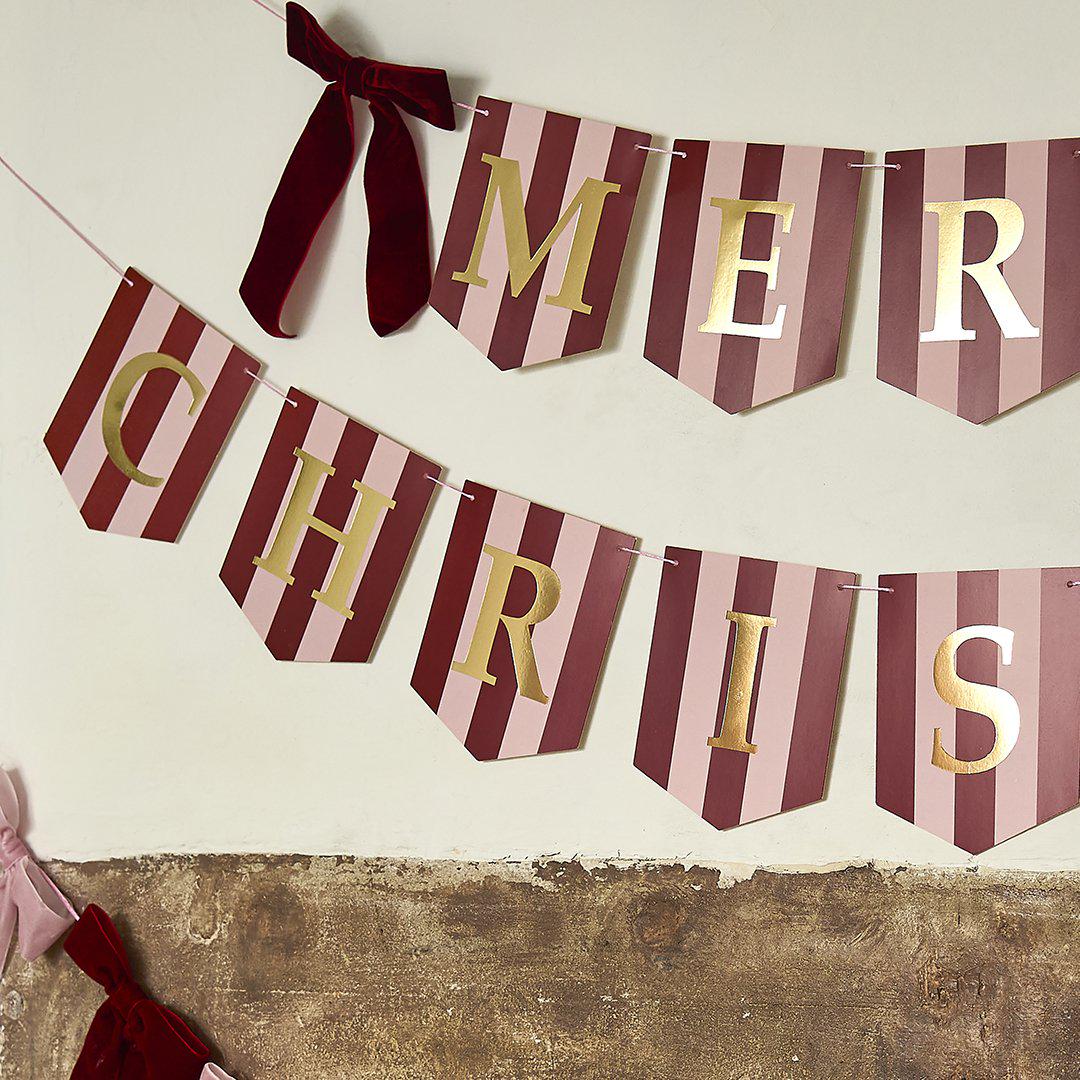 Merry Christmas Bunting - Pink & Red Stripe Christmas Garland With Red Velvet Bows - Christmas Decorations - Holiday Decor - Jolie Fete UK