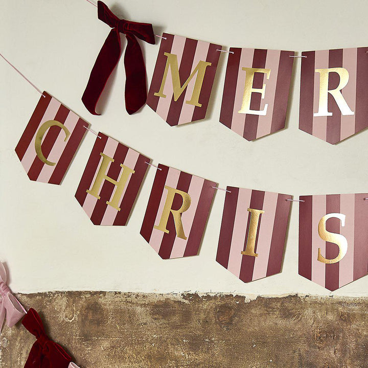 Merry Christmas Bunting - Pink & Red Stripe Christmas Garland With Red Velvet Bows - Christmas Decorations - Holiday Decor - Jolie Fete UK
