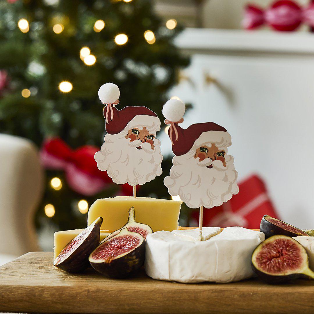 Vintage Santa Food Picks - Santa Food Toppers With Pom Pom - Cupcake Toppers - Christmas Decorations - Holiday Decor - Pack Of 12 - Jolie Fete UK