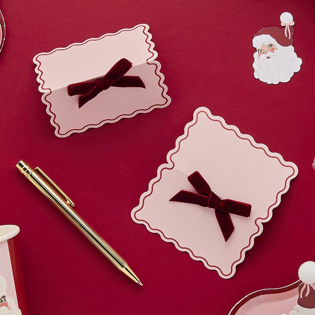 Pink & Red Place Cards With Red Velvet Bow - Dinner Table Decorations - Christmas Decorations - Holiday Decor - Pack Of 8 - Jolie Fete UK