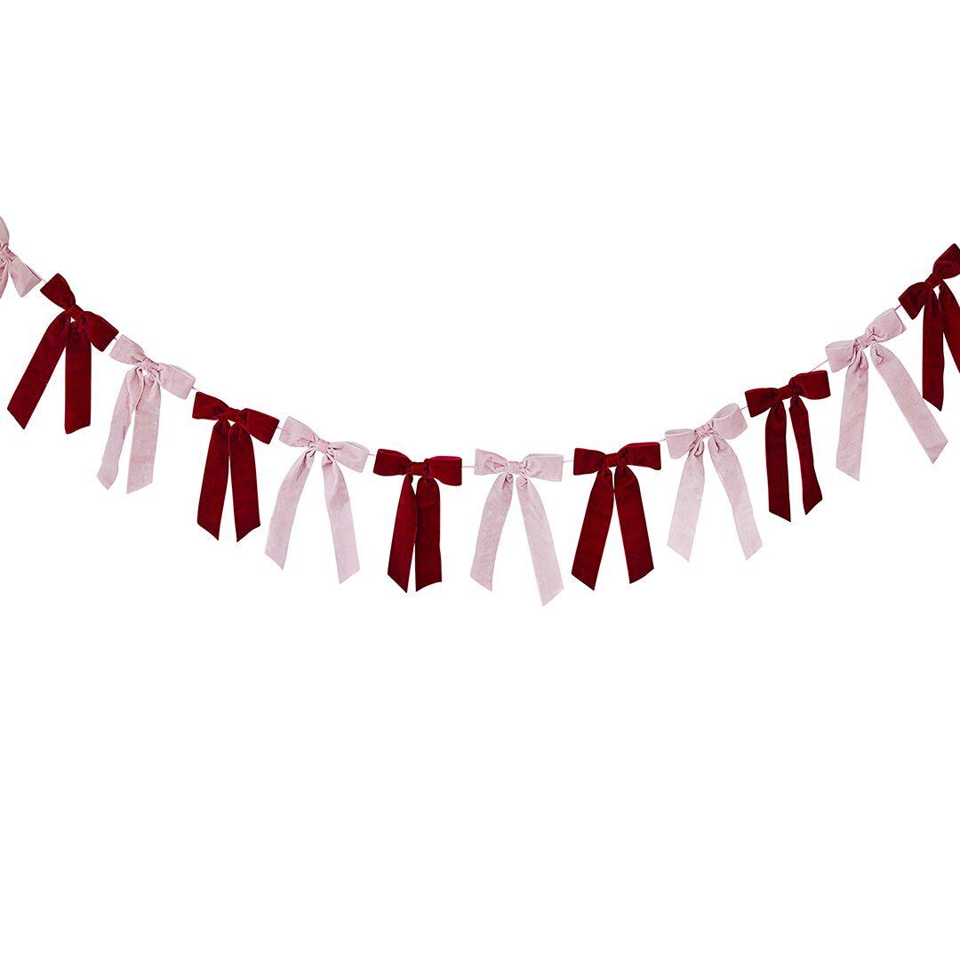 Pink & Red Velvet Bow Garland - Christmas Bunting With Red And Pink Velvet Bows - Christmas Decorations - Jolie Fete UK