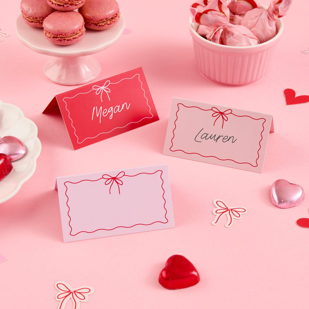 Pink & Red Bow Place Cards - Valentine’s Day Table Decor - Coquette Wedding Seating Cards - Galentine’s Party -Heart Theme Decor-Pack of 12 - Jolie Fete UK
