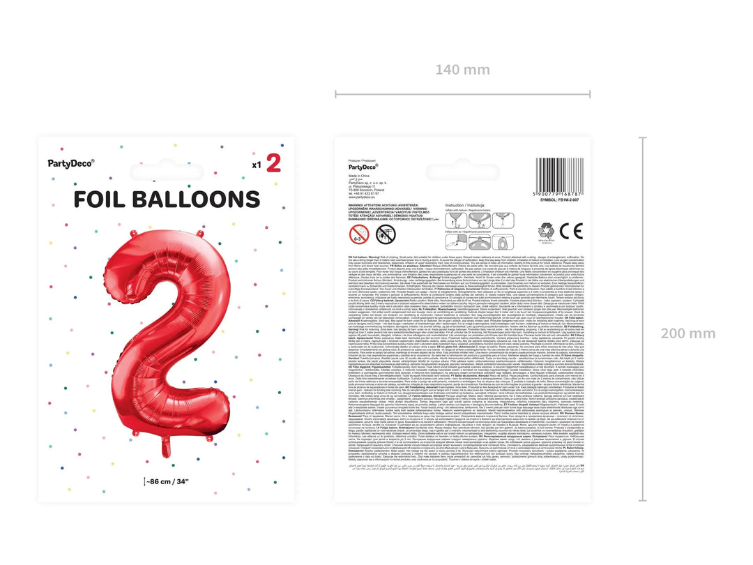 Red Number 2 Foil Balloon 86cm - Giant Metallic 2nd Birthday Balloon - 21st Birthday Balloon - Number Balloon - Circus Party Balloon - Jolie Fete UK