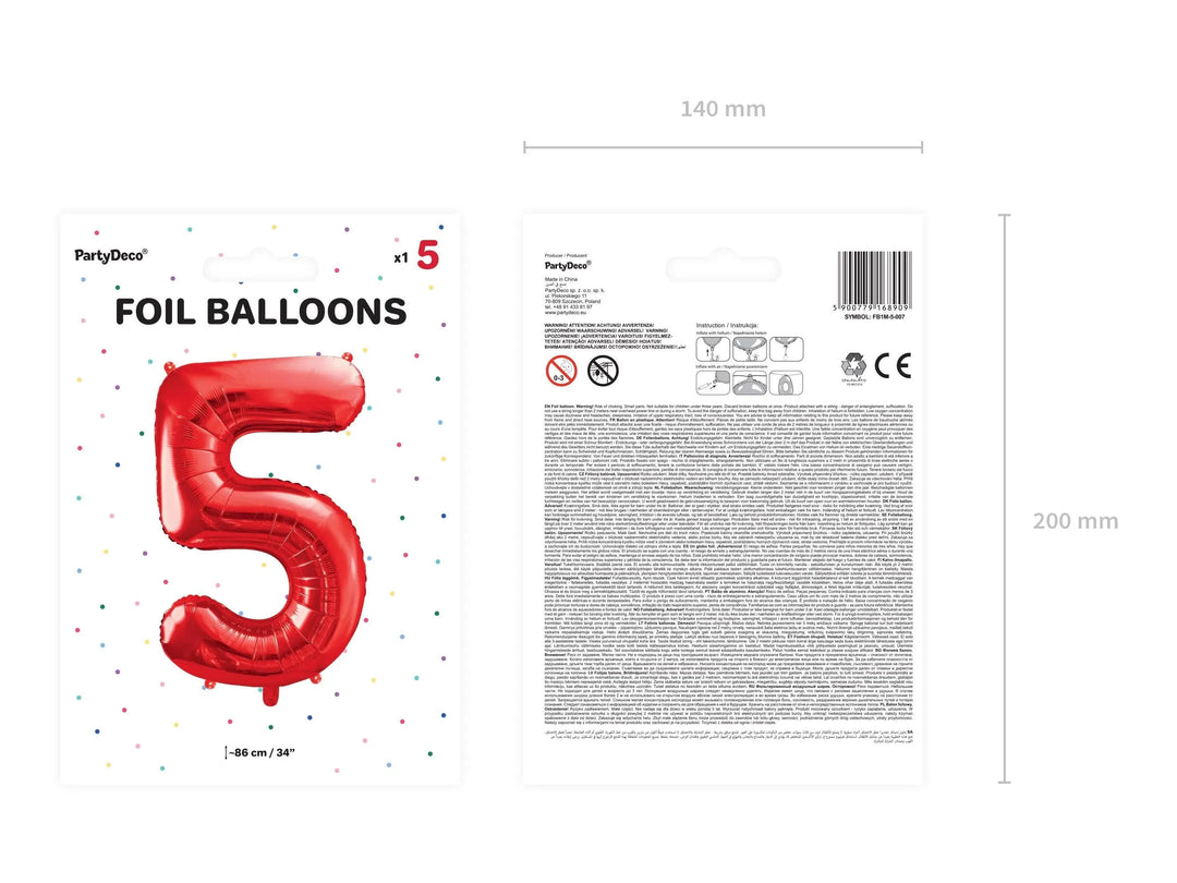 Red Foil Number 5 Balloon 86cm - Giant Metallic Fifth Birthday Party Balloon - 50th Birthday - Helium or Air Number Balloon - Jolie Fete UK