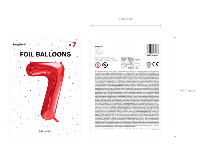 Giant Red Number 7 Foil Balloon 86cm - 7th Birthday Party Decoration - 70th Birthday - Anniversary - Helium - Air Fill - Jolie Fete UK